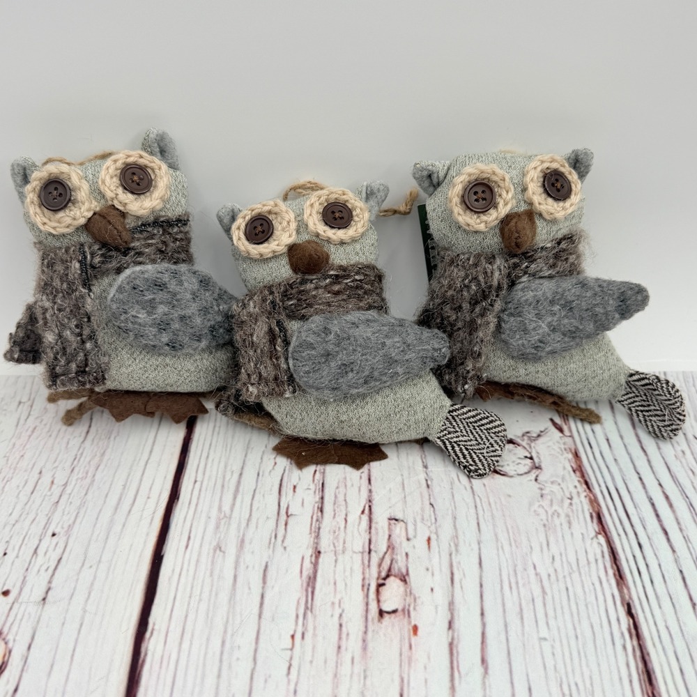St Nicholas Square Winter White Owl Ornaments Set of 3 Grey Knit Fabric